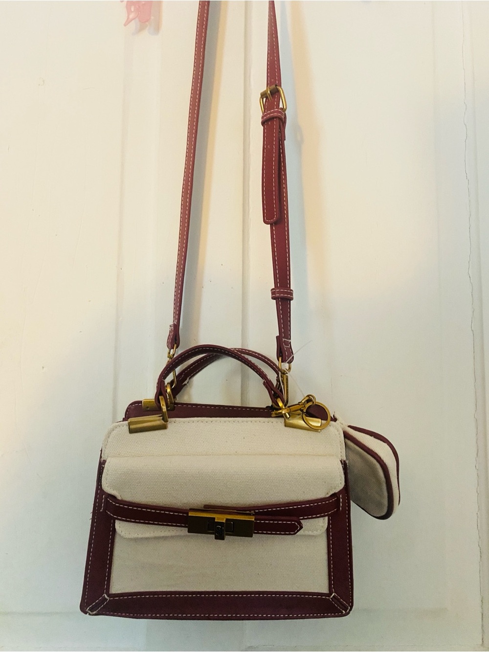 Canvas and Burgundy Leather Crossbody Satchel - Women Bags